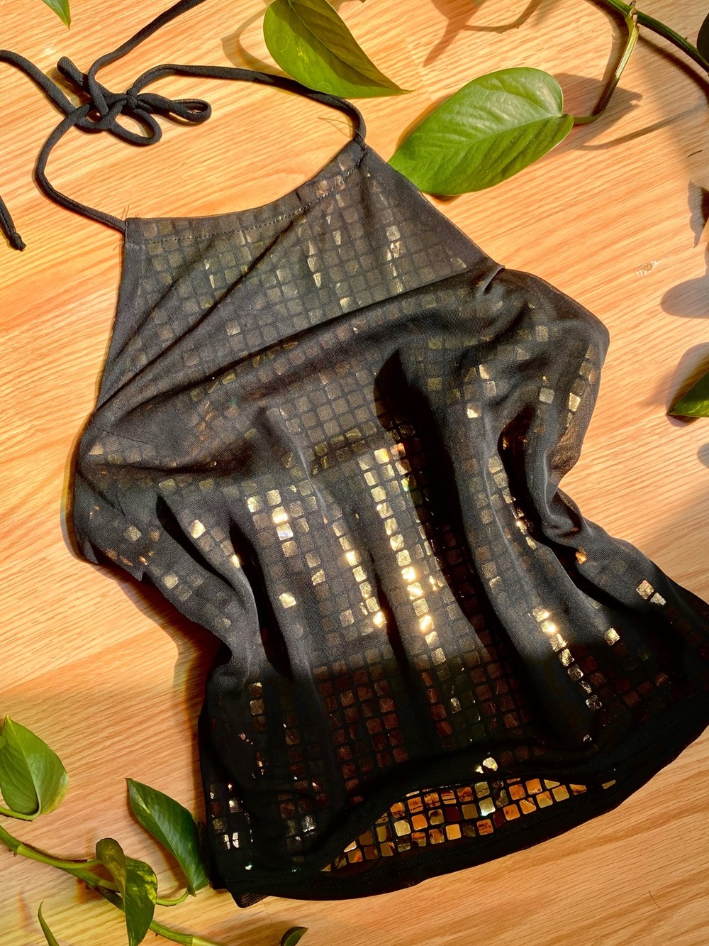 🖤 Black Gold Halter Sequin Grid Top Party Event Festival Boho Rave Evening Date
